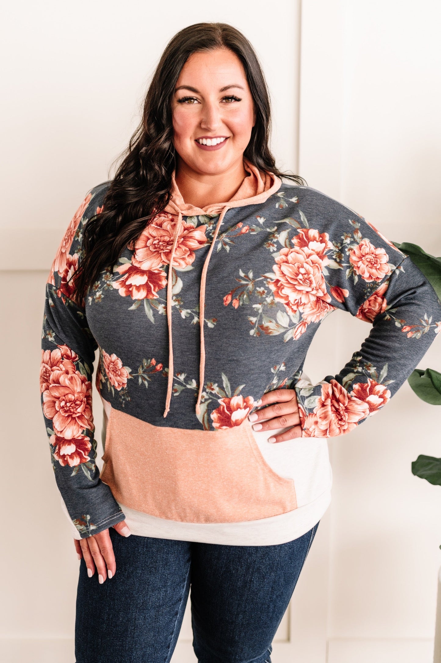 09.08 Color Block Long Sleeve Hoodie In Navy Florals