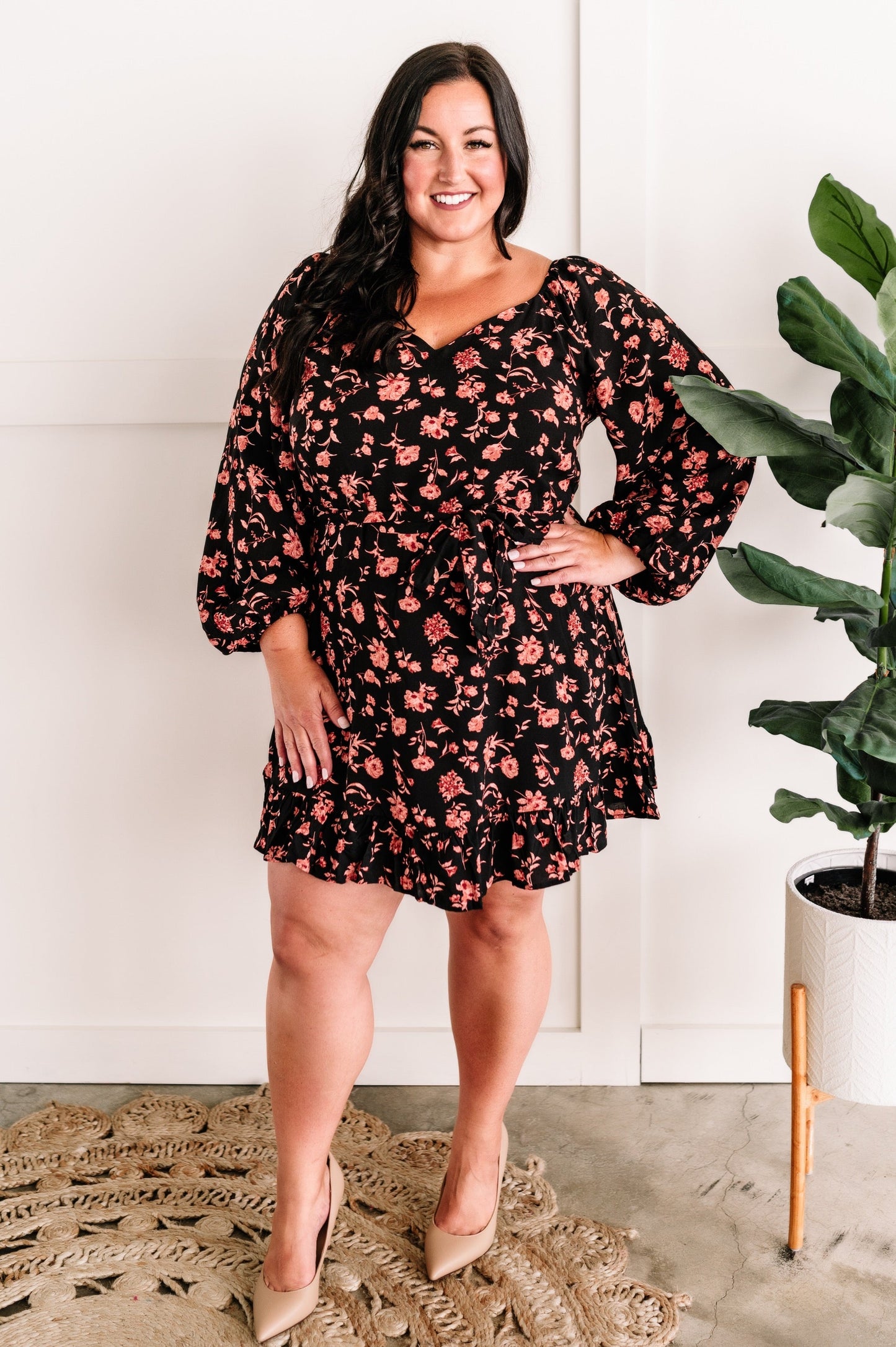 09.08 Long Sleeve Black Floral Dress With Tie Belt In Midnight Rose