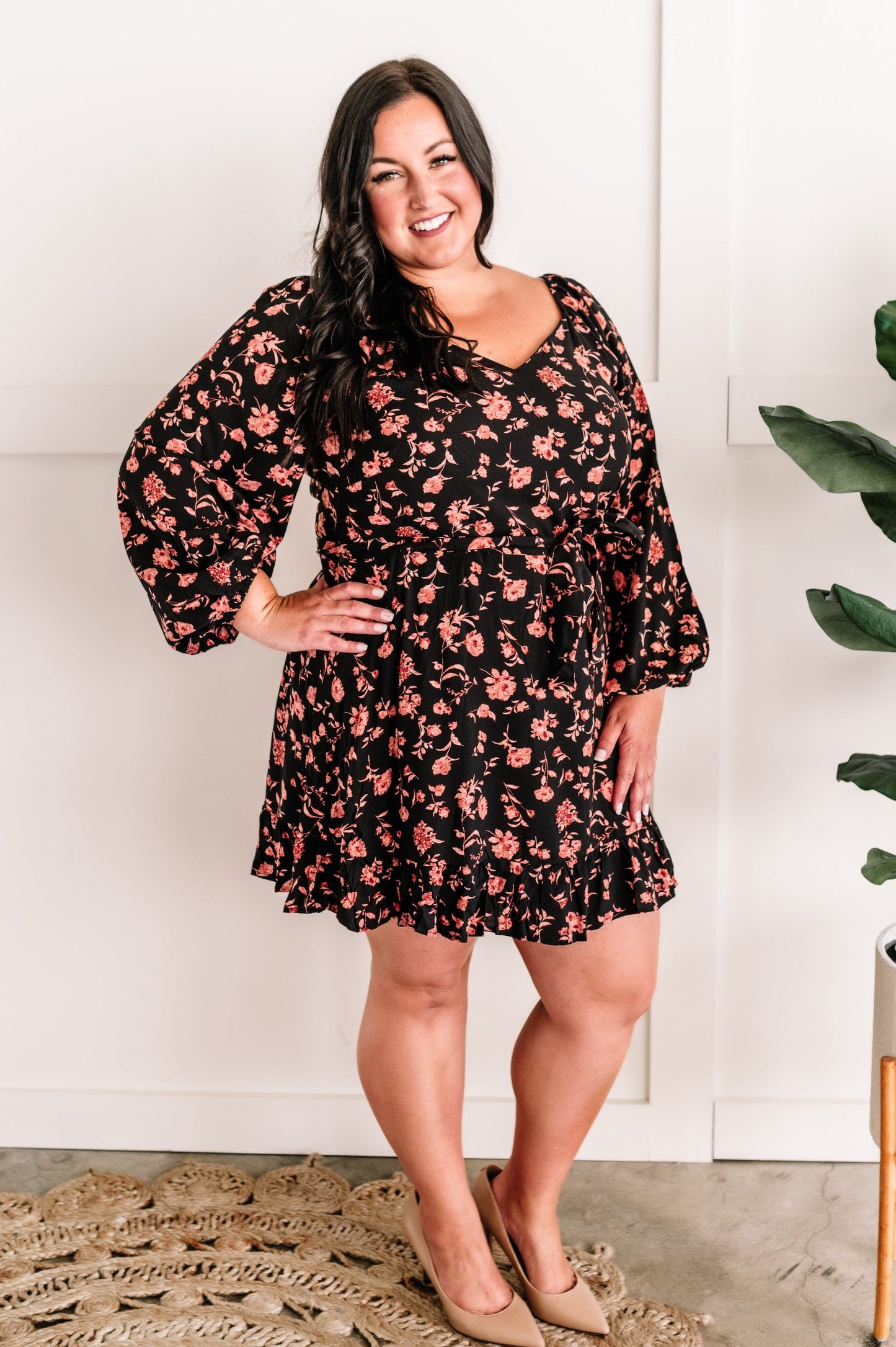 09.08 Long Sleeve Black Floral Dress With Tie Belt In Midnight Rose