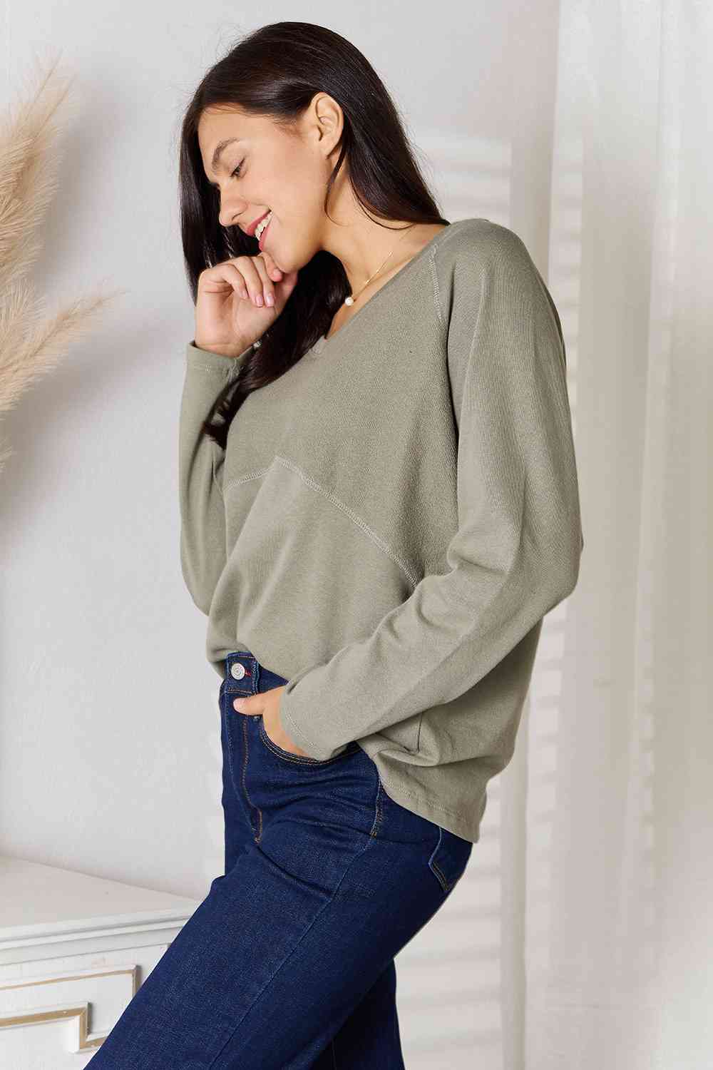 Culture Code  Full Size V-Neck Long Sleeve T-Shirt in Sage